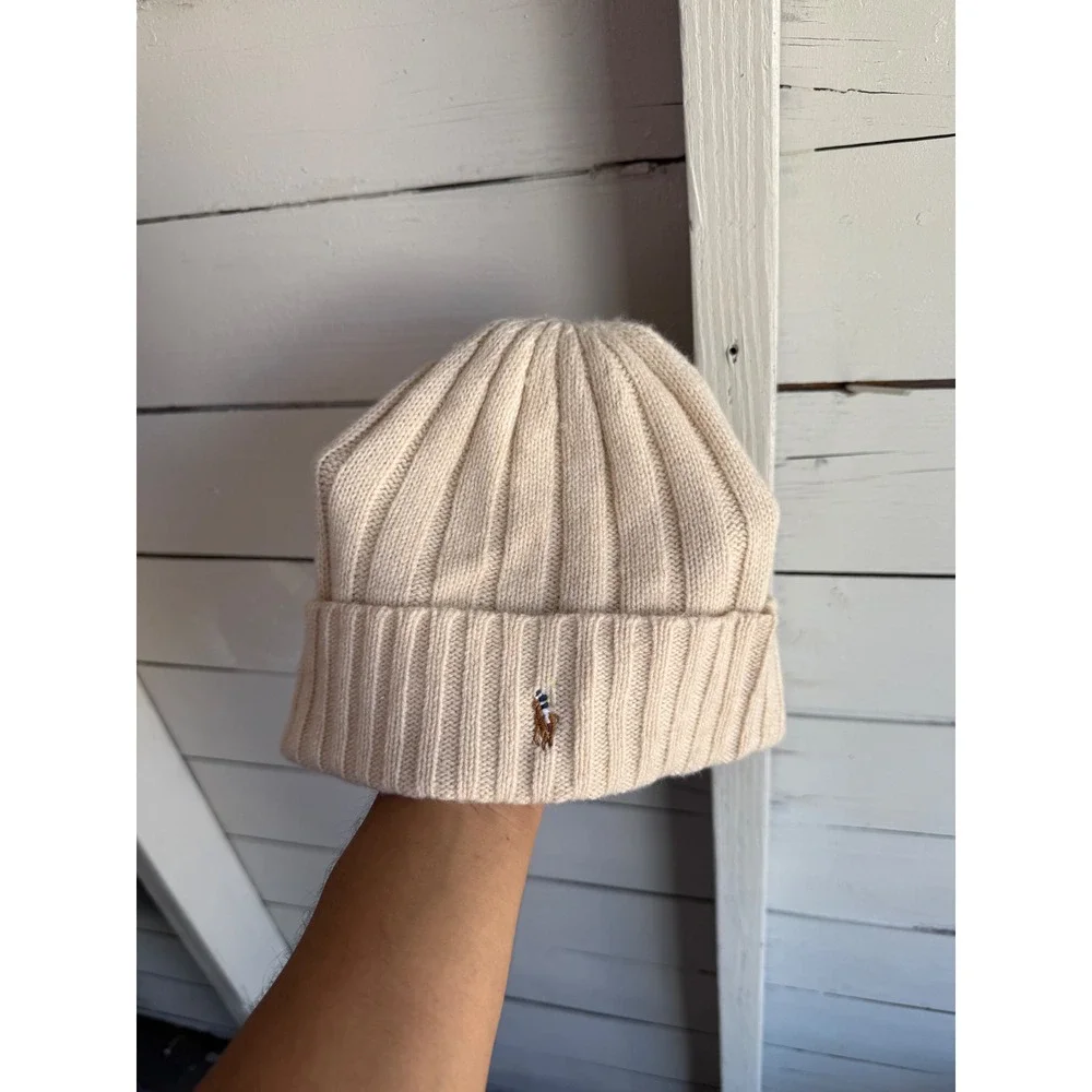 Polo Ralph Lauren Cream Ribbed Knit Beanie Wool Blend Pony Logo Hat OS